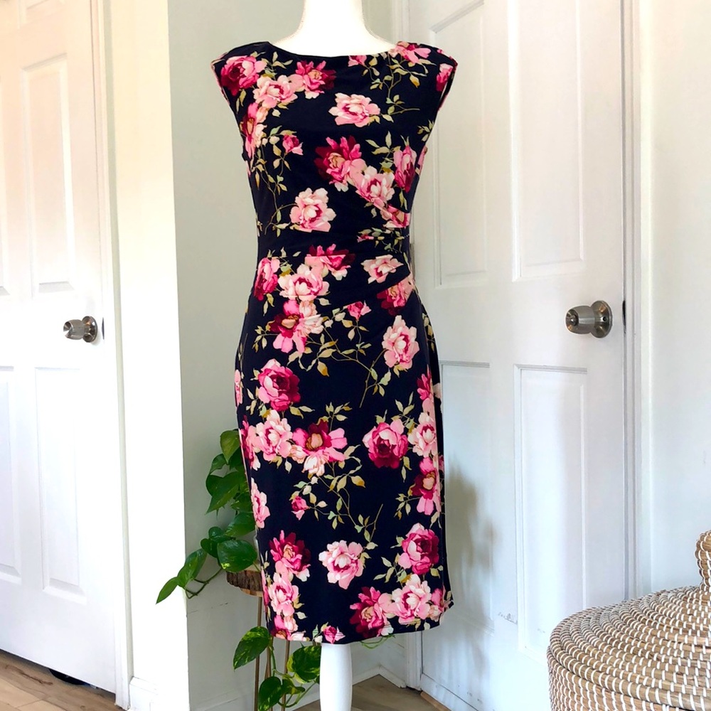Last chance. Donating 🌺CATHERINE MALANDRINO RUCHED FLORAL BLUE COCKTAIL DRESS🌺